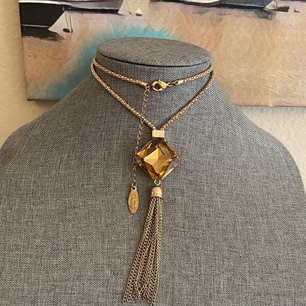 CARA NEW YORK Gold Tone Chain Amber Glass Pendant & Tassels Necklace